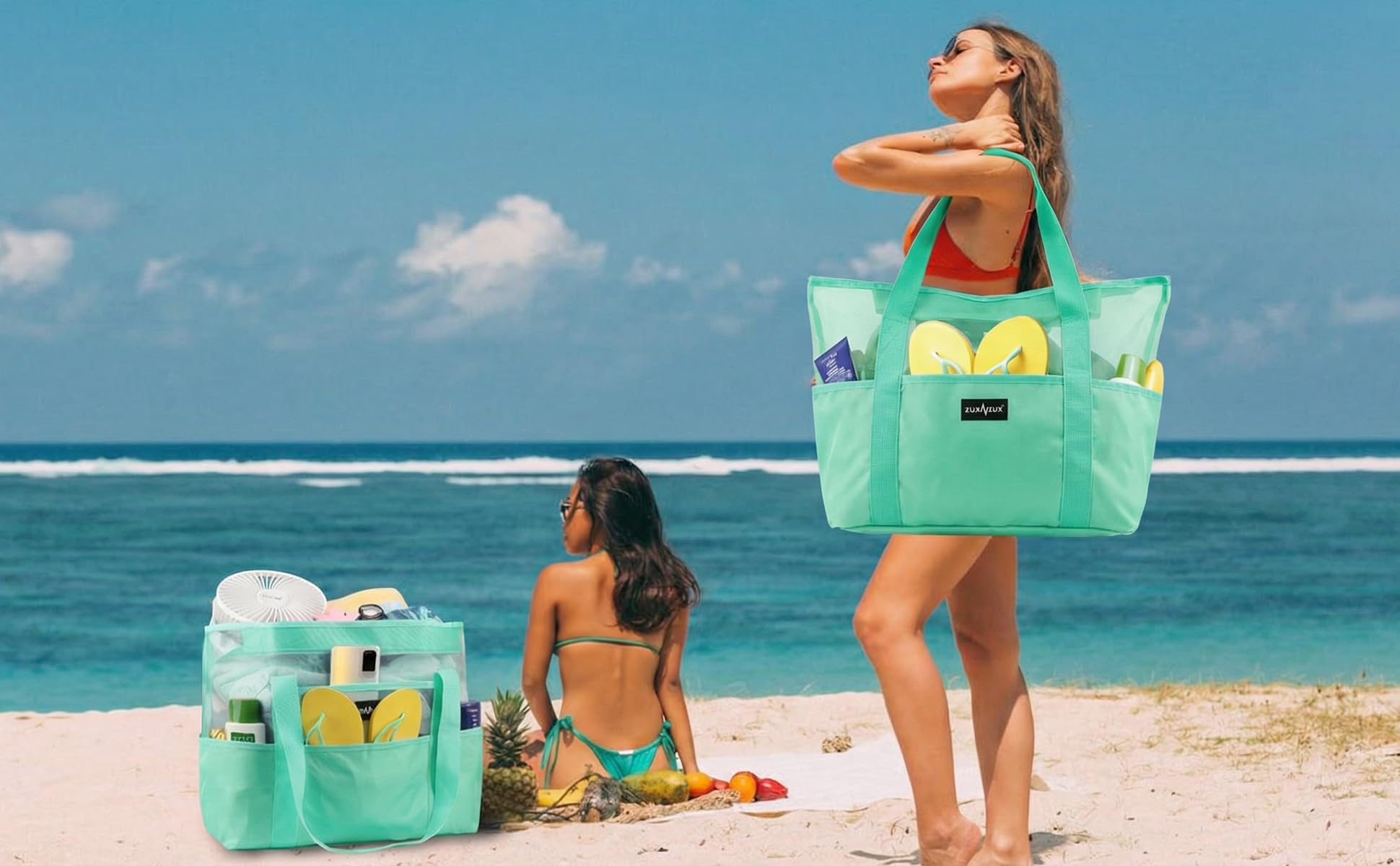 Mesh Beach Bag - Large Waterproof Beach Tote Bag with Zipper, Oversized Foldable Lightweight Family Swim Bag Vacation