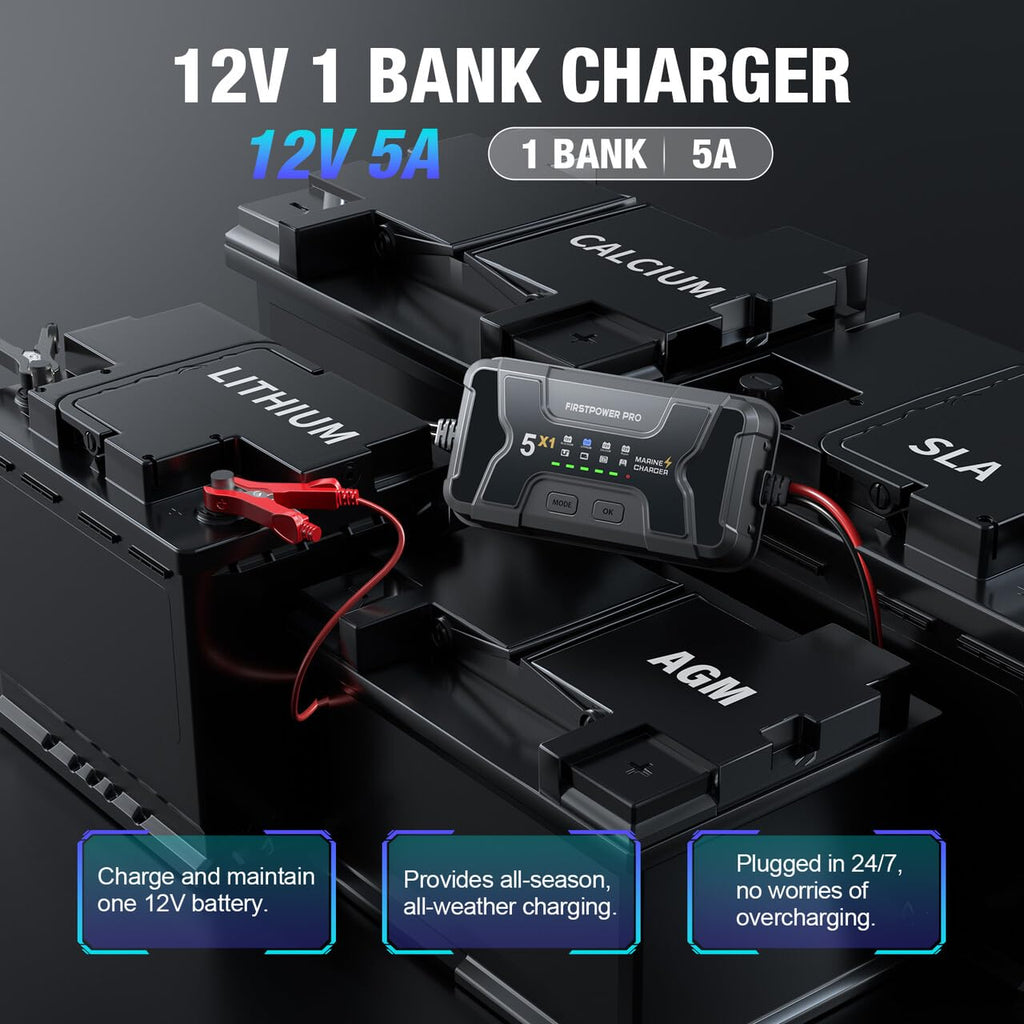Marine Battery Charger 5X1: 1-Bank, 5A Onboard Battery Charger - 5A Per Bank, 12V Waterproof Boat Batter Charger for SLA/AGM, Lithium, Calcium - Charged 24/7