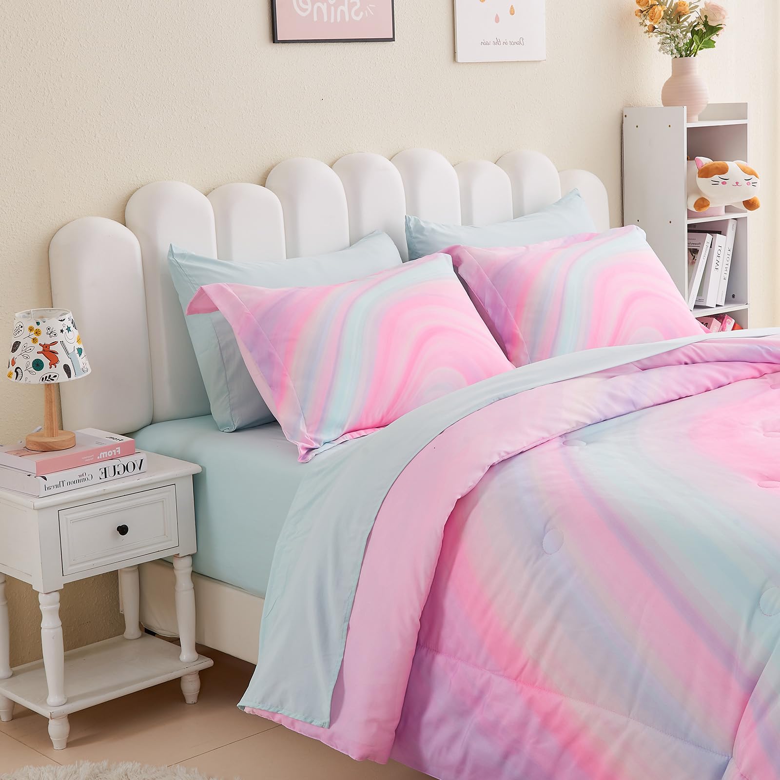 Wajade 7 Piece Blue Bow Comforter Set for Girls Kids Twin Size Bedding Set with Sheet and 2 Pillowcases 2 Pillow Shams Cute Girls Bed in a Bag as Birthday Choice