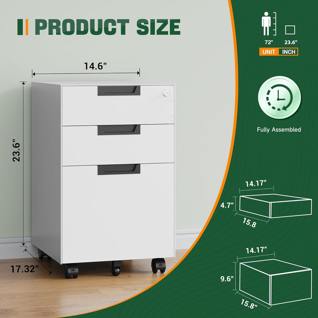 Letaya 3 Drawer Mobile File Cabinet with Lock,Under Desk Metal Small Filing Cabinets for Home Office Organizer Letters/Legal/A4(Fully Assembled Except Wheels-Black)