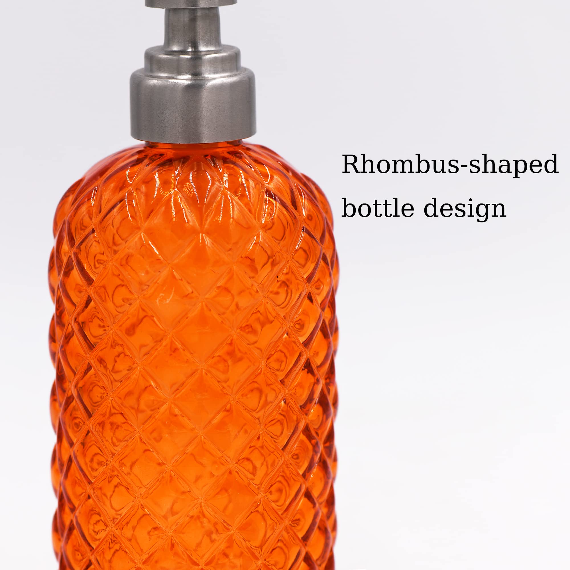 16 oz Diamond Pattern Glass Soap Dispenser, Kitchen and Bathroom Refillable Soap Dispenser with Rust Resistant Stainless Steel Pump for Hand Soap, Lotion Glass Liquid Dispenser(Amber)
