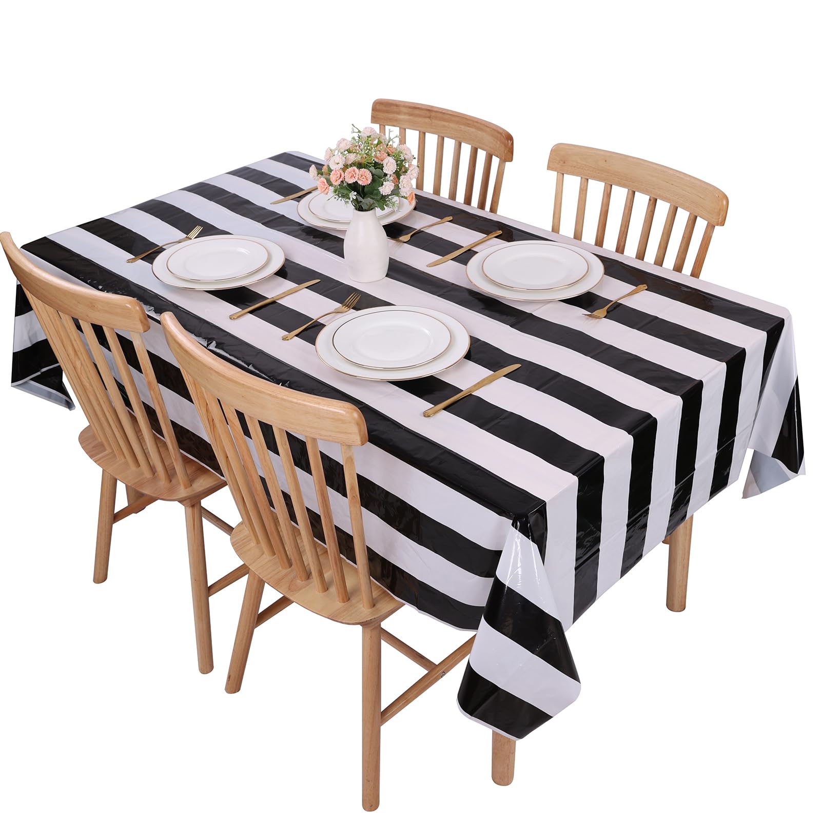 Kesfey 3 Packs Black and White Horizontal Striped Table Cloth 54 x 108 Inch Classic Black Stripe Tablecloths Disposable Plastic Stripe Table Covers Waterproof Picnic Tablecover for Halloween Party