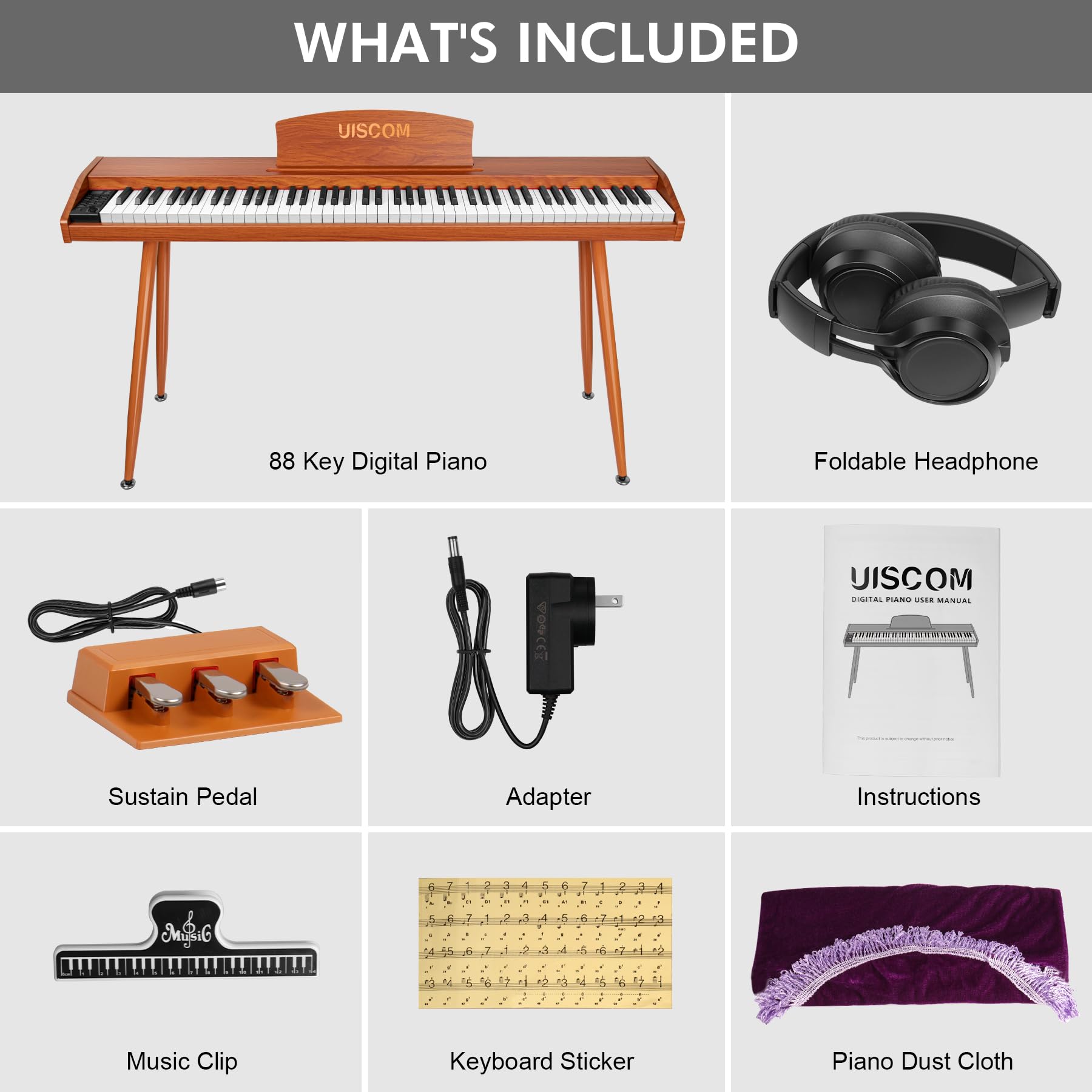UISCOM Digital Piano Keyboard for Beginners, Full Size 88 Key Semi-Weighted Keyboard Electric Piano with Stand,Power Adapter,Sheet Music Stand,Pedal,Headphone,USB-MIDI Compatible,Wood Grain Apricot