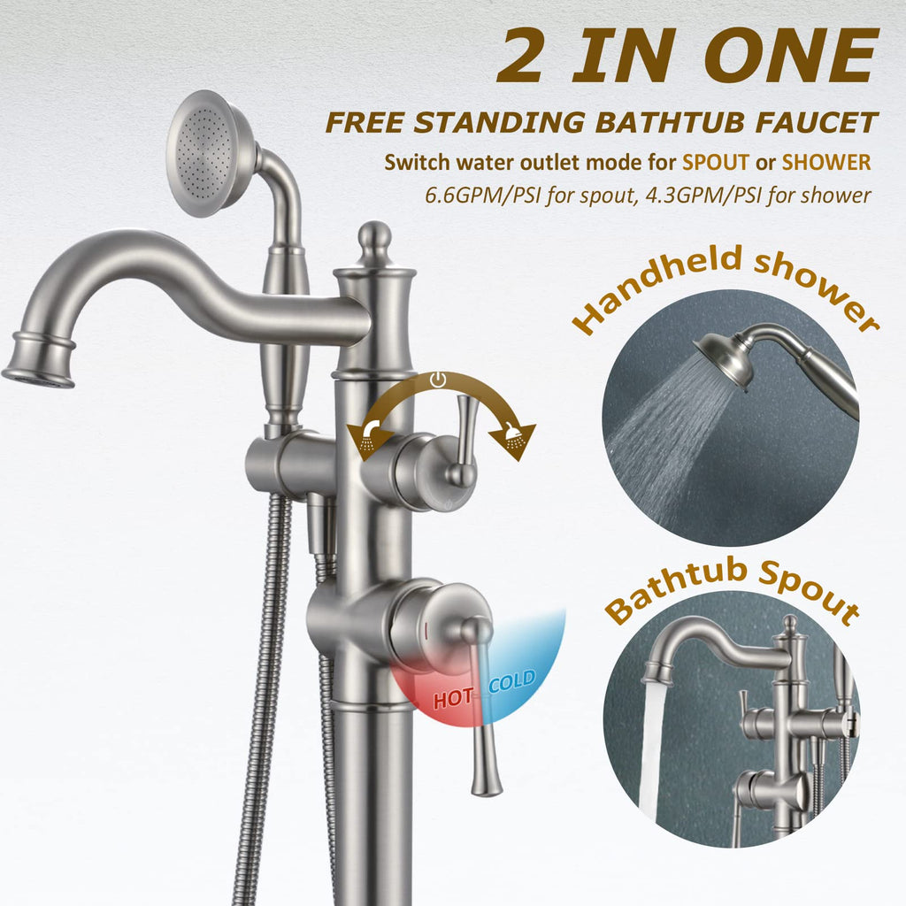 Freestanding Floor Mount Tub Filler with Handheld Shower Roman Bathtub Faucet by Brushed Gold Finish, Swivel Spout with Brass Rough-in and Water Hose