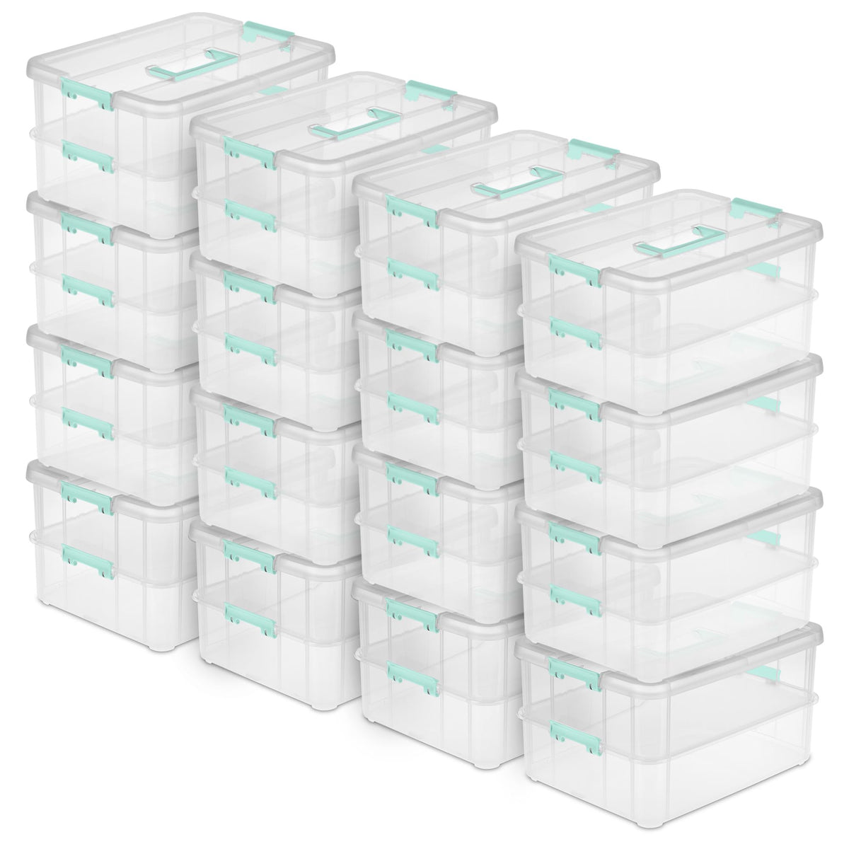 Sterilite 4-Pack Stack & Carry, 2 Layer Handle Box for Home & Office Storage - Clear Base & Lid with Color Latches, Organizer for Art & Craft Supplies, Sewing Tools or 8.5" x 11" Paper