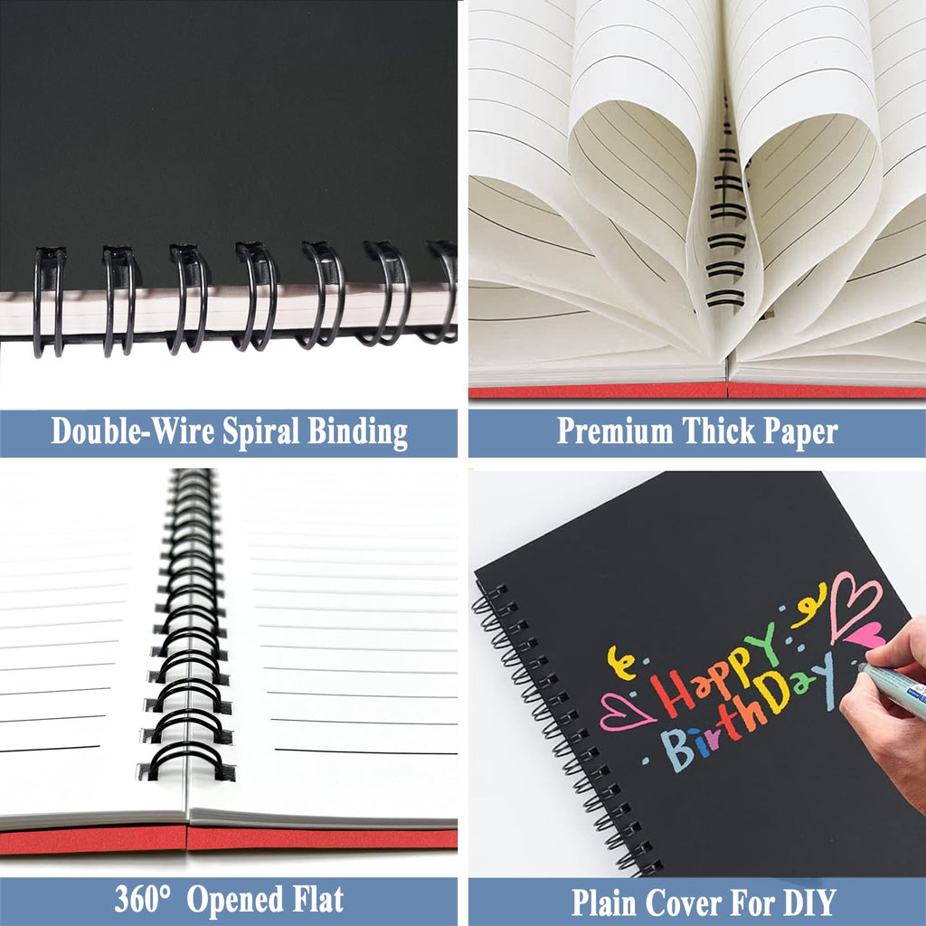 4Pack Small Spiral Notebook A5, 8.25x5.5” 120 Lined Pages Black & Red Wide Ruled Spiral Journal Bulk Blank Kraft Cover Spiral Bound Notebook & Writing Pads for Home Office Meeting Work Note Taking