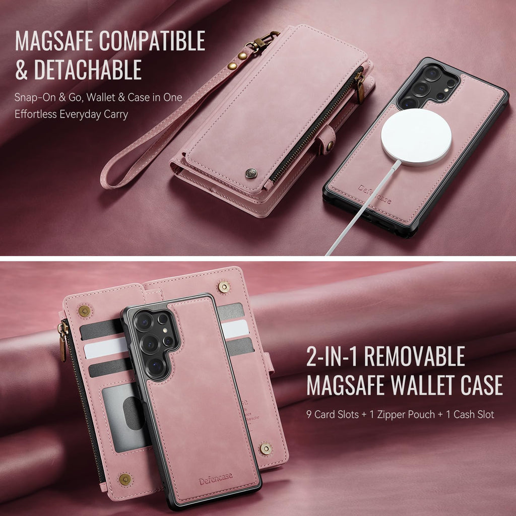 Defencase for Samsung Galaxy S25 Ultra Magnetic Wallet Case Compatible with Magsafe with RFID Blocking Zipper & Card Holder Women, PU Leather Detachable Phone Case for Galaxy S25 Ultra 6.9", Black