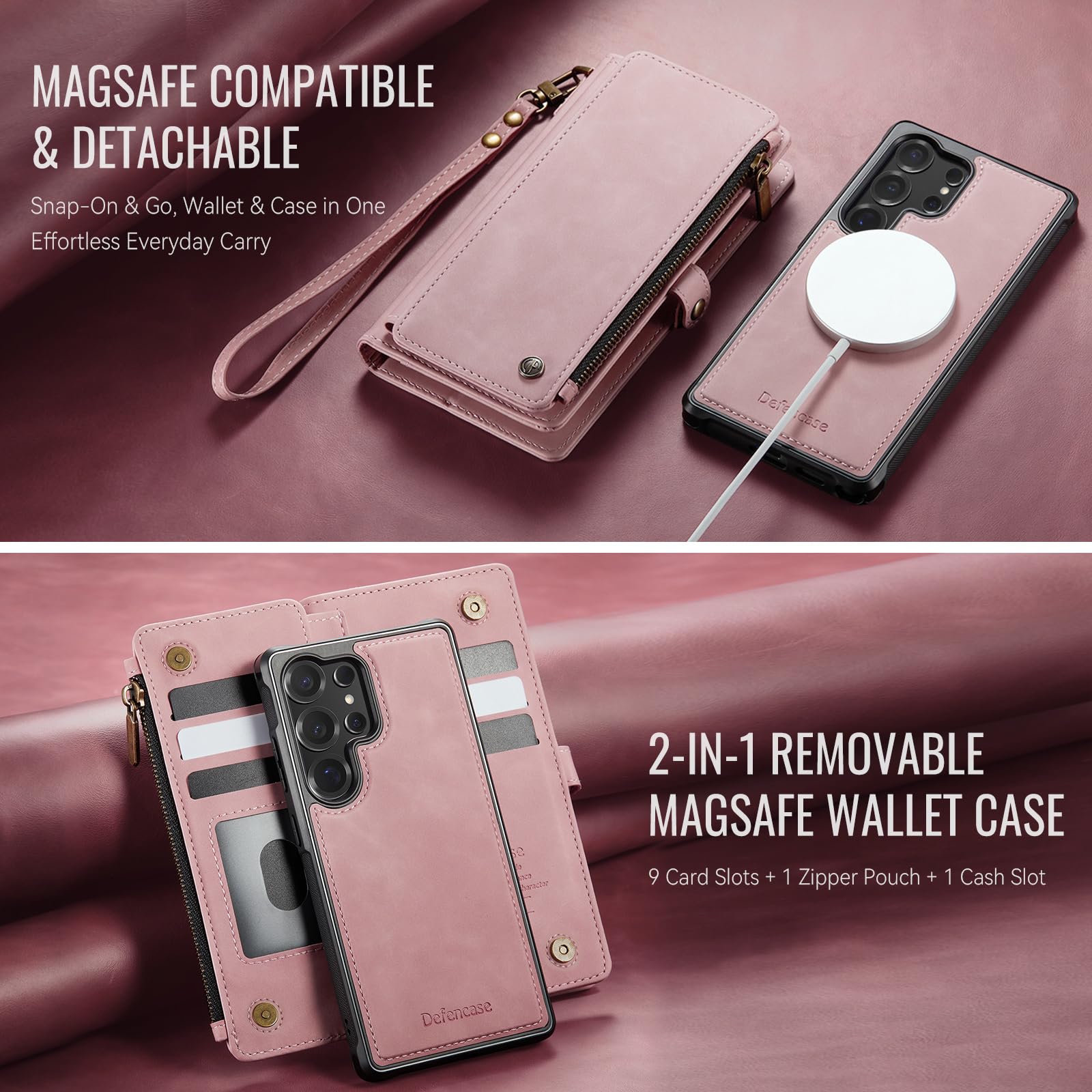 Defencase for Samsung Galaxy S25 Ultra Magnetic Wallet Case Compatible with Magsafe with RFID Blocking Zipper & Card Holder Women, PU Leather Detachable Phone Case for Galaxy S25 Ultra 6.9", Black