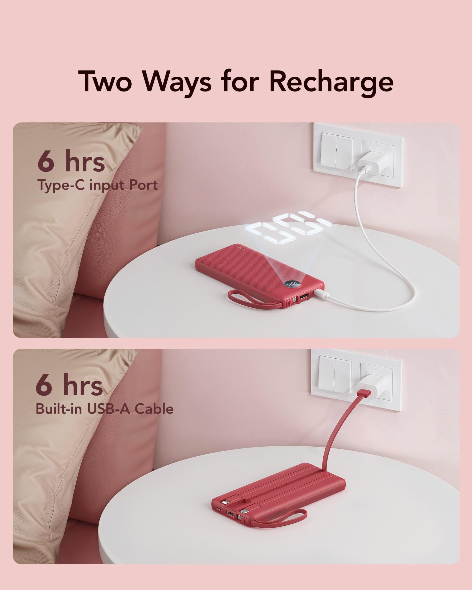 VRURC Portable Charger Power Bank, USB C Battery Pack 10000mAh, Flight-Safe Travel Essentials, 5 Outputs 2 Inputs Slim Phone Charging Bank Built-in Cables for Multi Devices-Lavender(1 Pack)