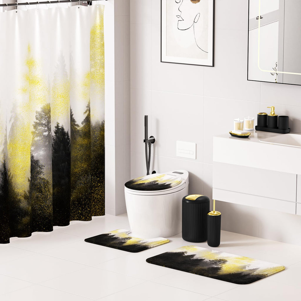 XLHOMO 24 PCS Black Bathroom Accessories Set with Shower Curtain and Rugs, Bathroom Decor Set with Trash Can, Toilet Brush, Soap Dispenser, Toothbrush Holder, Tumbler, Soap Dish and Jars