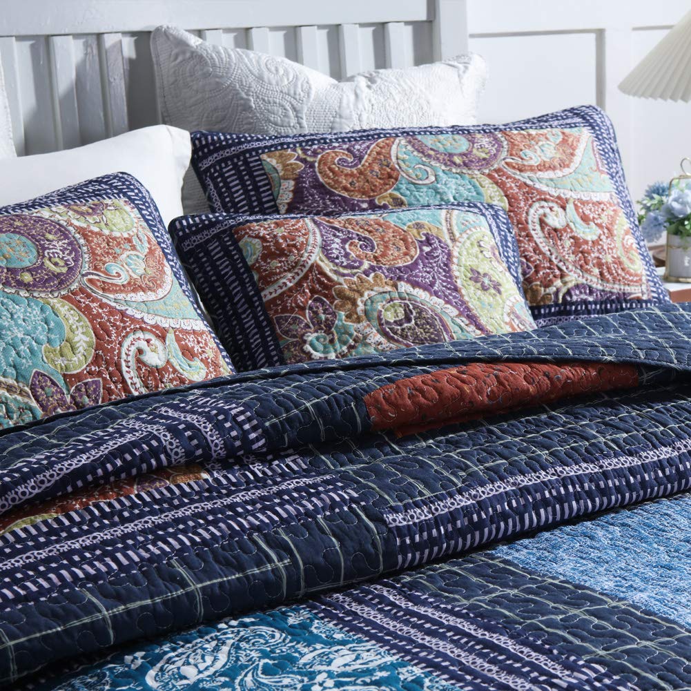 Secgo Twin Comforter Set for Bed - 100% Cotton Quilts Twin Size, Black Bedspreads with 2 Pillow Shams, Patchwork Reversible Lightweight Bedding
