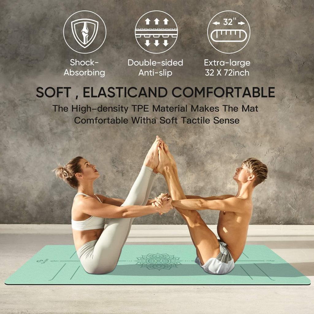 Gruper Yoga Mat Non Slip TPE Extra Wide Yoga Mat with Alignment Mark, 72"L x 32"W x 0.32"/0.24"Th (183cm x 80cm x 8mm/6mm), Anti-Tear Exercise Mat with Carrying Strap and Bag, Workout Mats for Yoga, Pilates