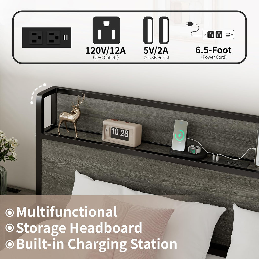 LUXOAK Full Size Lift Up Storage Bed, Wood Platform Bed Frame with Storage Headboard & Charging Station, No Box Spring Needed, Easy Assembly, Black
