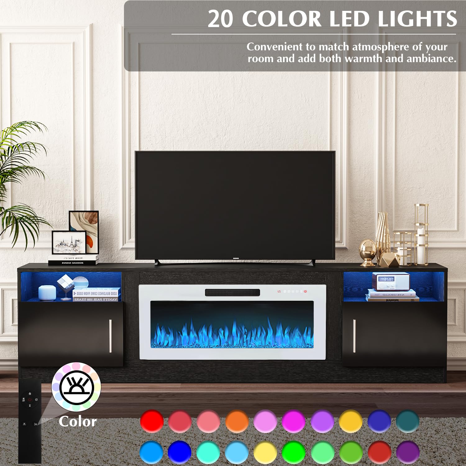 VITESSE 58 Inches Fireplace TV Stand for TVs up to 65 Inches Console with 18'' Electric Fireplace & Remote,Wooden Modern Entertainment Center for Living Room with LED Light Glass Shelves（Bei）