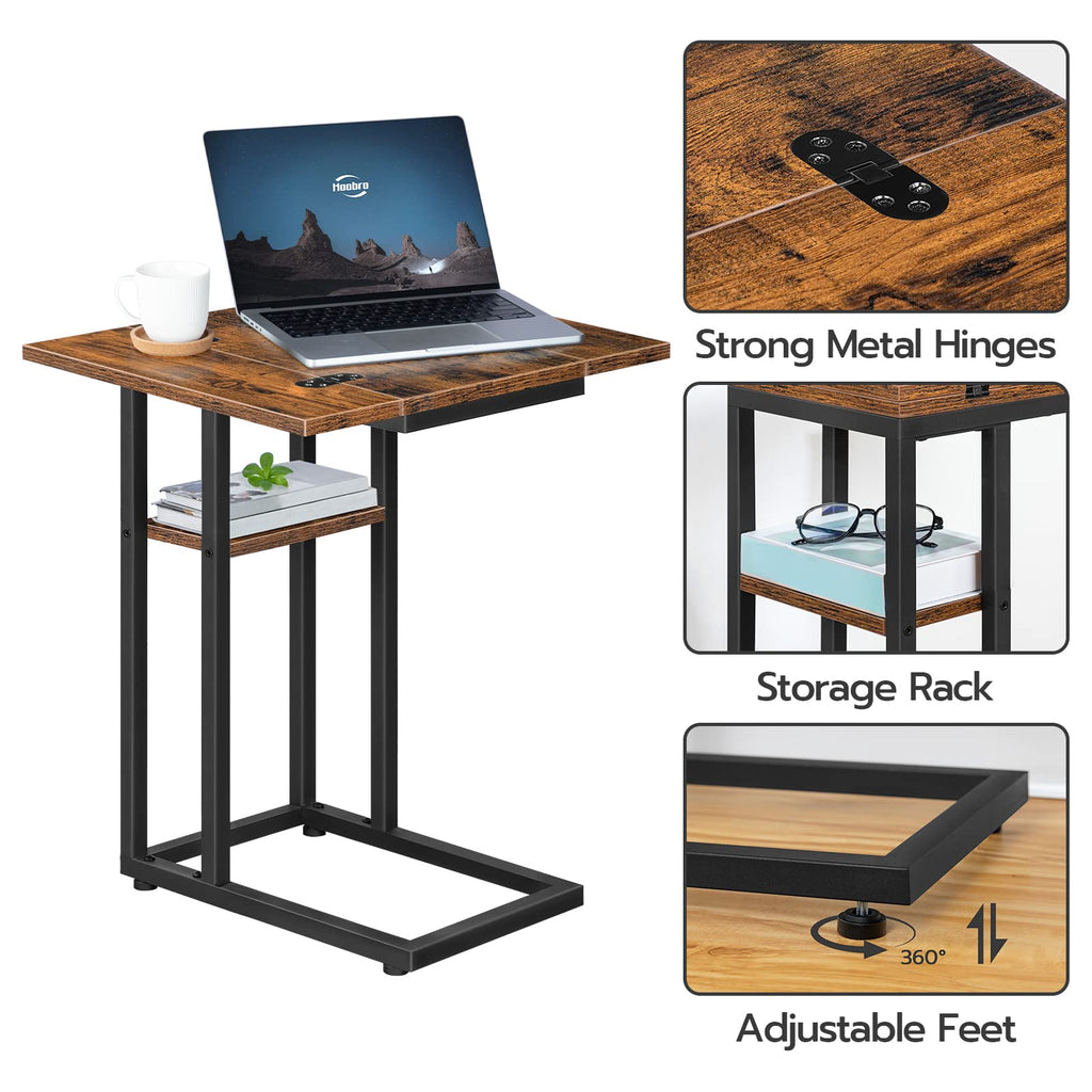 HOOBRO Foldable C Shaped End Table, C Shaped Side Table with Storage Shelf, Small Snack Table, Slide Under Couch Table for Sofa, Living Room Bedroom Small Spaces Easy Assembly, Black BK29SF01