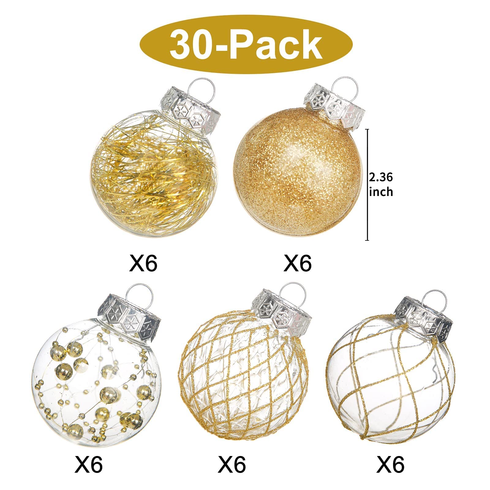 Clear Plastic Christmas Ball Ornaments, 30ct 2.36 Inch Champagne Balls for Tree Decoration - Shatterproof for Holiday Wedding Party Gifts