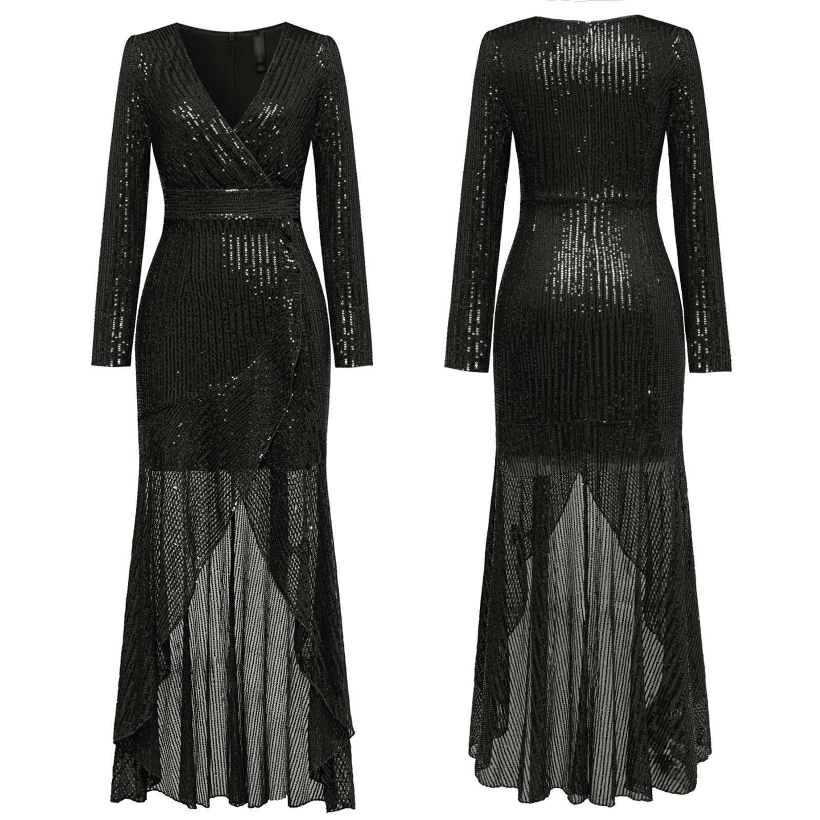 COOAN Women's Long Sequin Formal Dresses Long-Sleeve Cocktail Wedding Guest Dresses Elegant V Neck Party Gowns