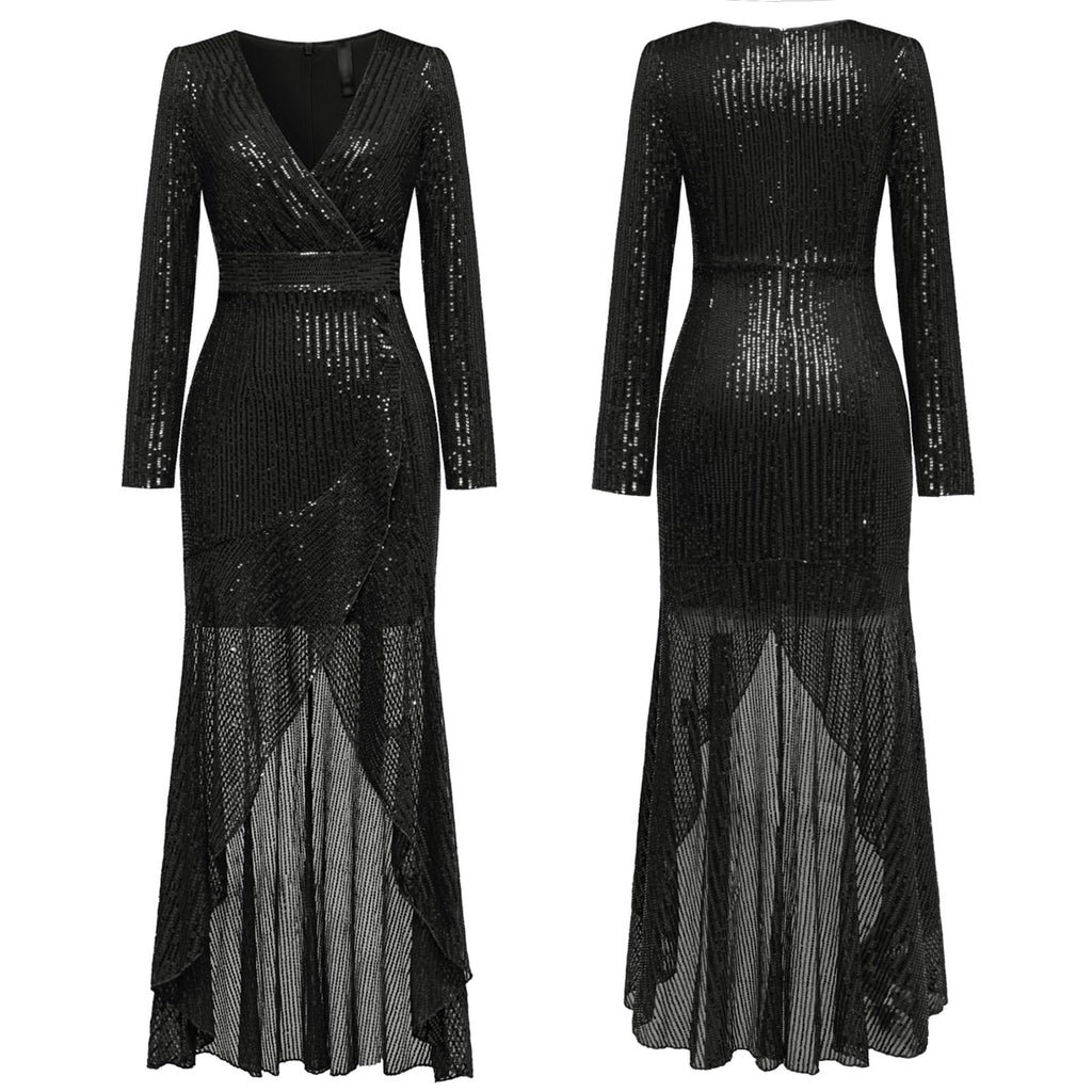 COOAN Women's Long Sequin Formal Dresses Long-Sleeve Cocktail Wedding Guest Dresses Elegant V Neck Party Gowns