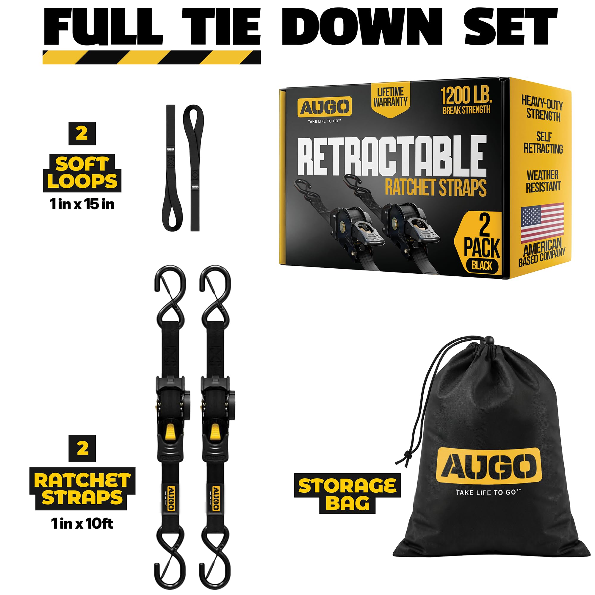 AUGO Retractable Ratchet Straps | 2 Heavy Duty Ratchet Straps Self Retractable Tie Downs with Soft Loops & Storage Bag for Motorcycle, Truck, Trailer, Cargo Van | 1200 Lb Break Strength 1” x 10’