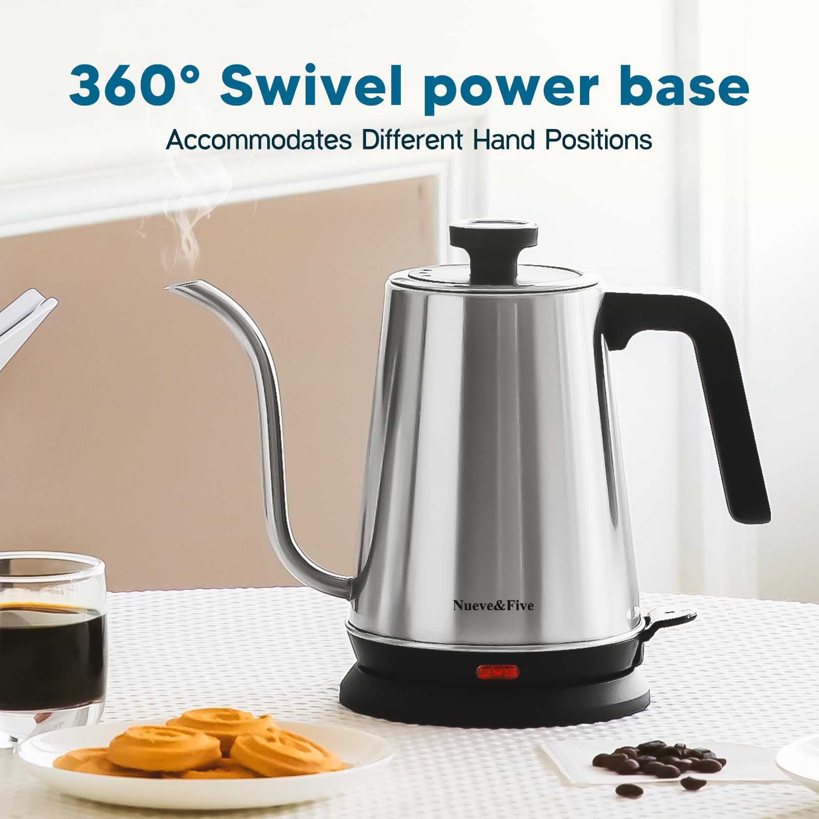 Nueve&Five Gooseneck Electric Kettle with Thermometer， Black Electric Kettle 1L with Auto Shut-Off，1000W Hot Water Kettle of Stainless Steel， Pour Over Kettle for Coffee & Tea