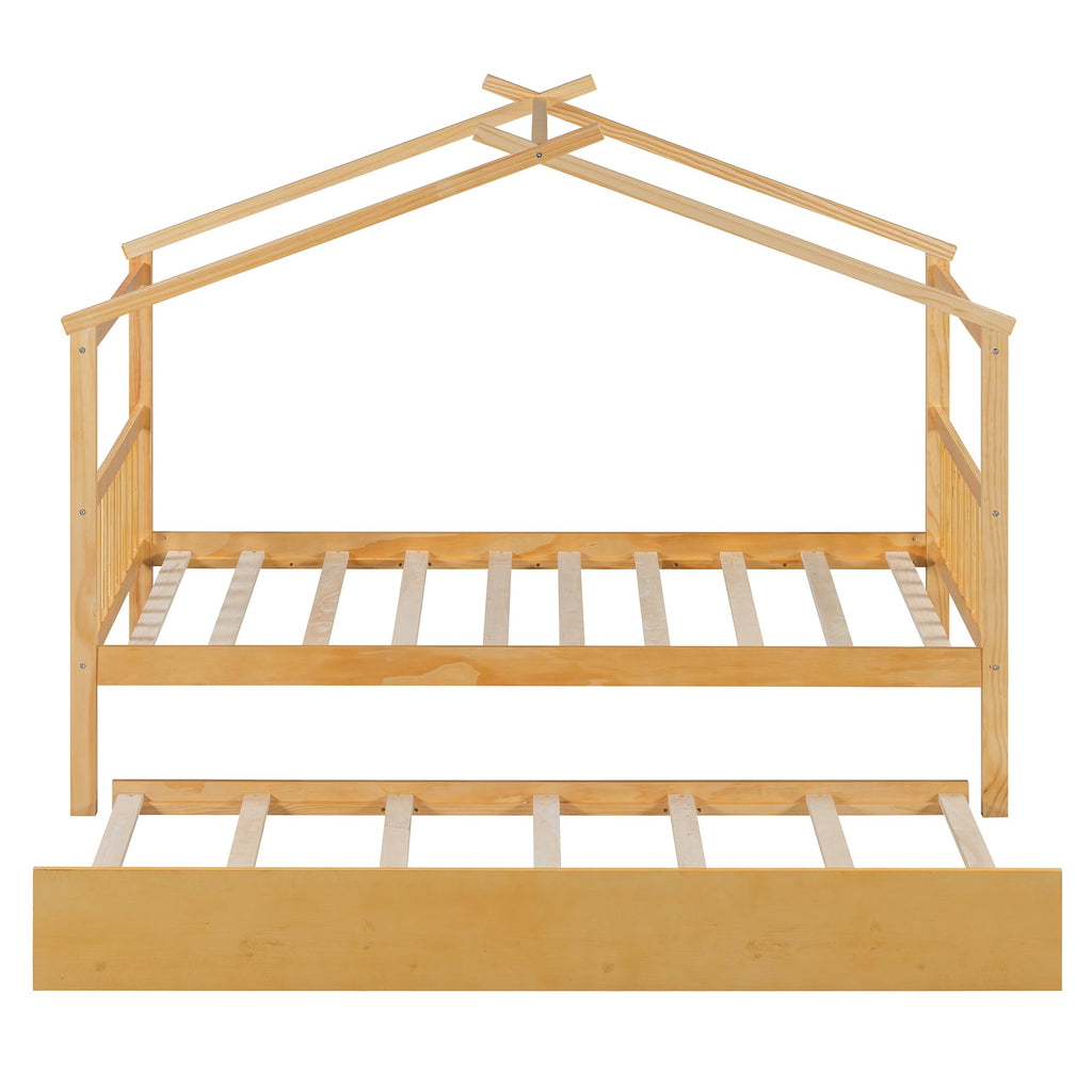 Merax Twin Size Wooden House Bed with Two Drawers, Wood Bed Frame with Roof for Kids, Teens, Boys or Girls, Grey
