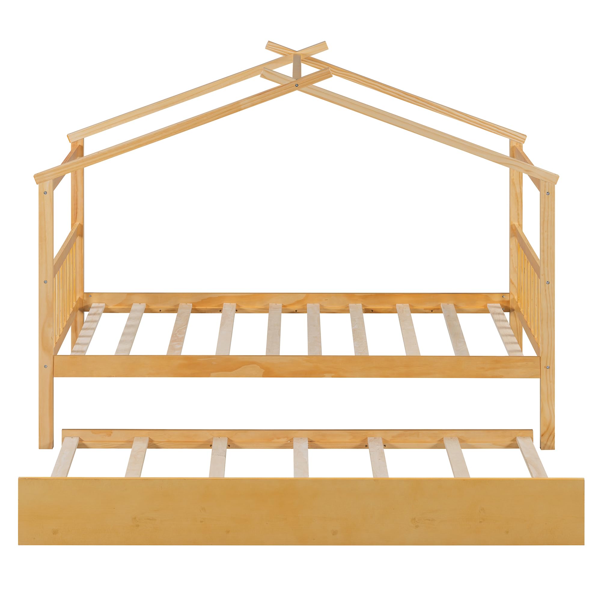 Merax Twin Size Wooden House Bed with Two Drawers, Wood Bed Frame with Roof for Kids, Teens, Boys or Girls, Grey