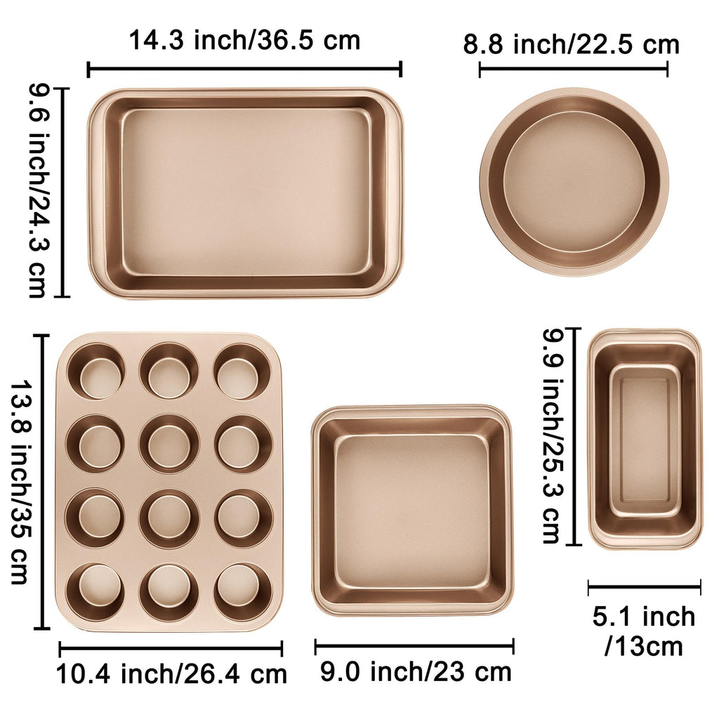 mobzio Kitchen 5-Piece Nonstick Bakeware Set - Round/Square Cake Pans, Muffin Pan, Loaf Pan, Roast Pan & Baking Sheets
