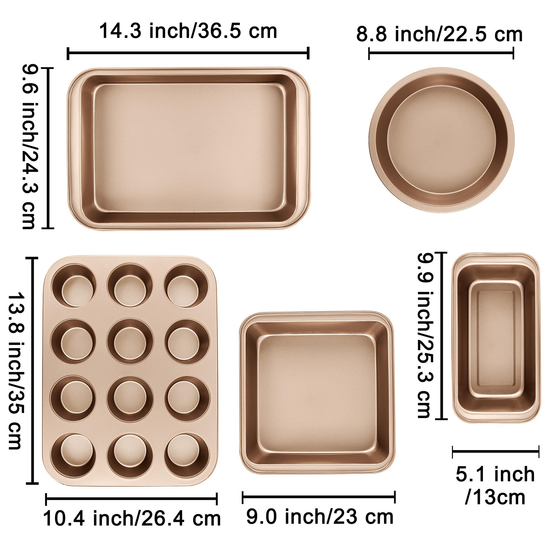 mobzio Kitchen 5-Piece Nonstick Bakeware Set - Round/Square Cake Pans, Muffin Pan, Loaf Pan, Roast Pan & Baking Sheets