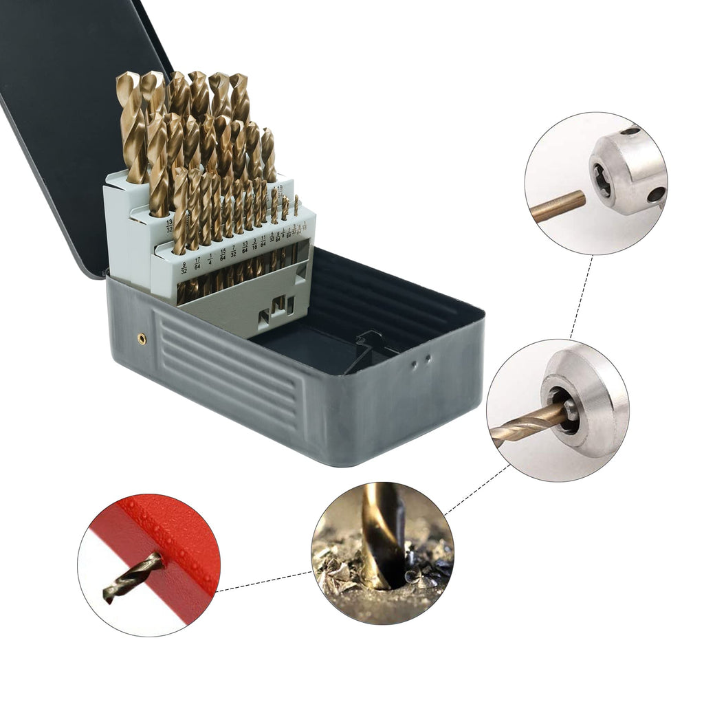 GMTOOLS 13Pcs Cobalt Drill Bits Set, M35 HSS 135 Degree Tip, Twist Jobber Length Drill Bit Kit for Hardened Metal, Cast Iron, Stainless Steel, Plastic and Wood with Storage Case 1/16"-1/4"