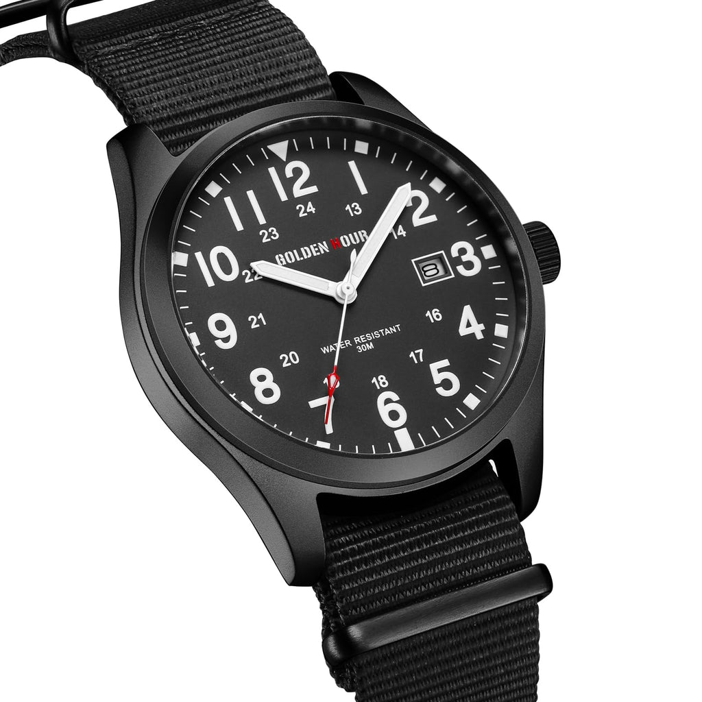 GOLDEN HOUR Men's Nylon Slip-Thru Strap Watch with Military Time Easy Read Dial Glowing Hands