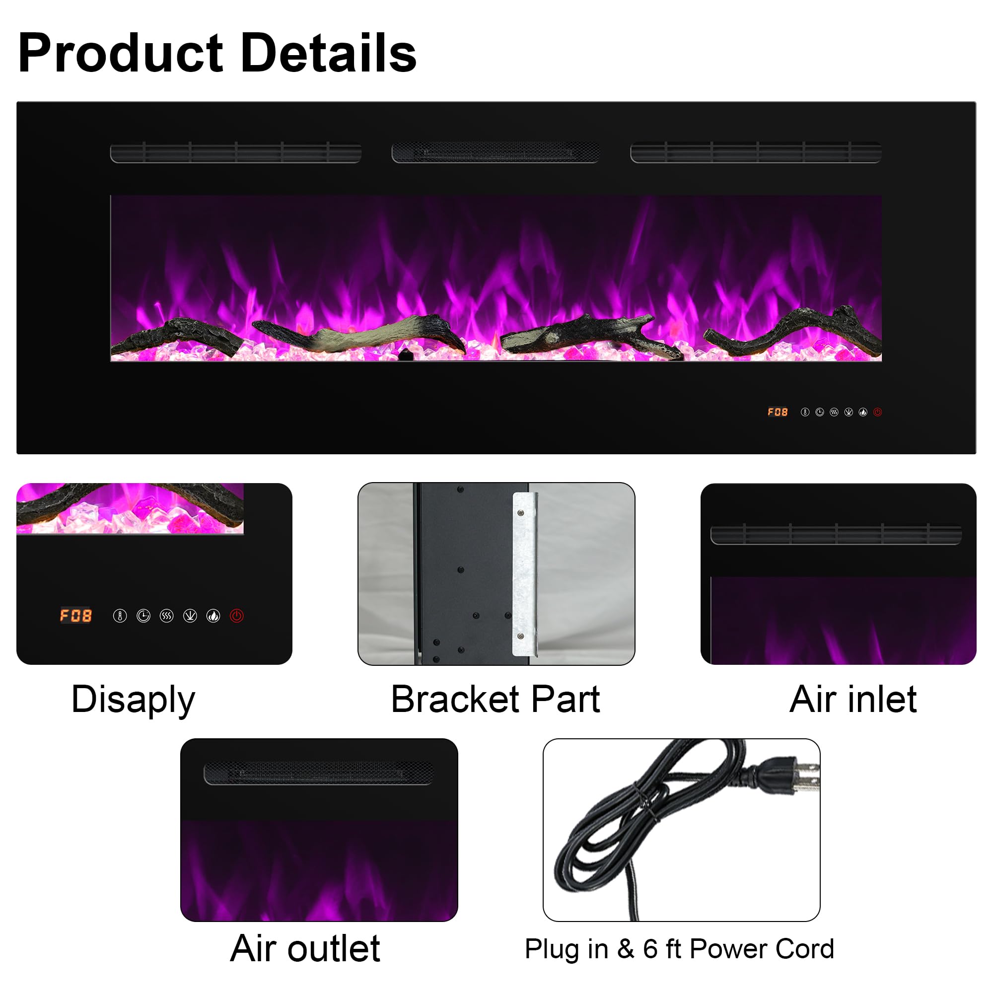 Electric Fireplace 30 inch Wide, Wall Mounted Fireplace Inserts Electric Heater, 13 * 13 Flame Effects Like Real Flame, Low Noise, Timer & Thermostat Setting, 750W/1500W, Black