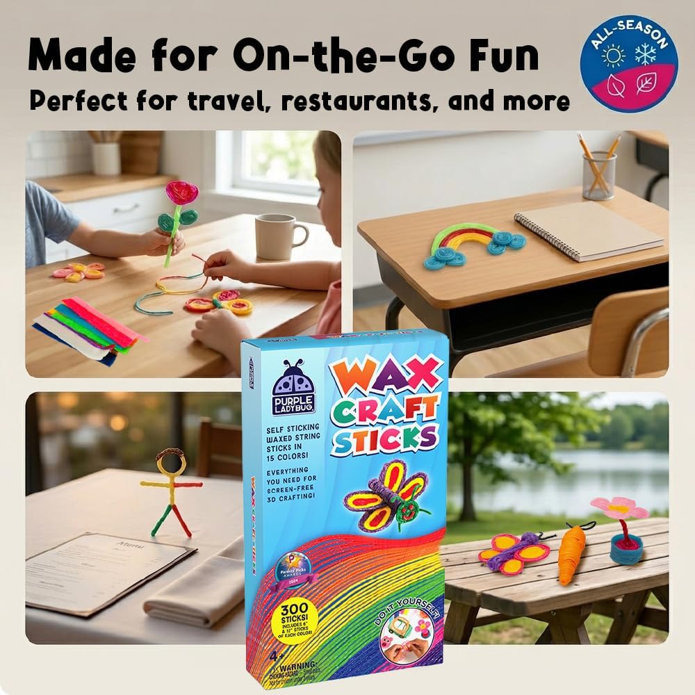 PURPLE LADYBUG 300 PCS Bendable Wax Craft Sticks in 2 Lengths - 6" and 12" Strips in 15 Colors Each, Mess-Free Road Trip Activity for Kids, Travel Toys for Car & Airplane for Kids Ages 4+