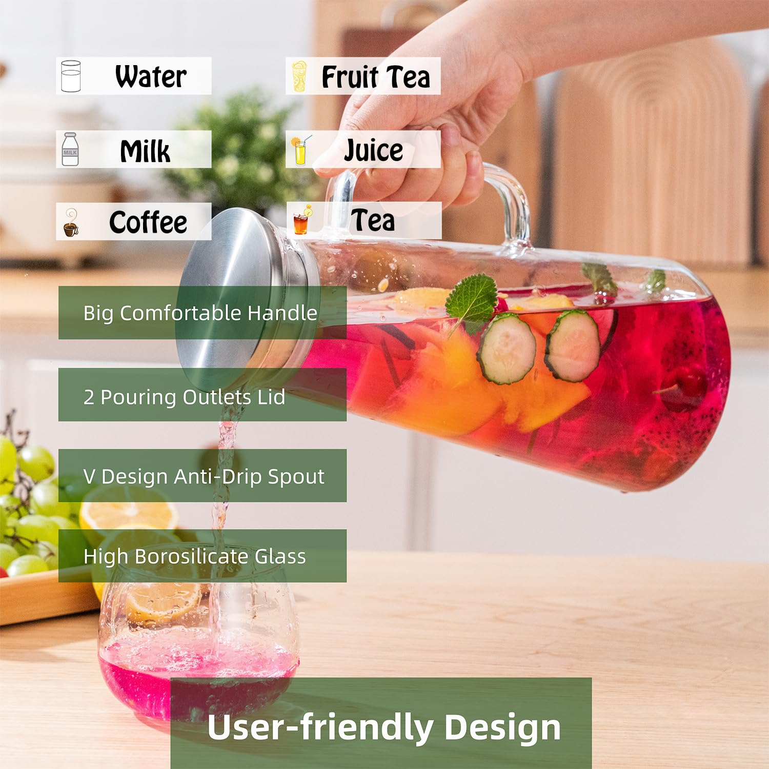 Karafu 68 Oz/2 Liter Glass Pitcher with Lid, Heat Resistant Water Jug for Hot/Cold Water, Ice tea and Juice Beverage