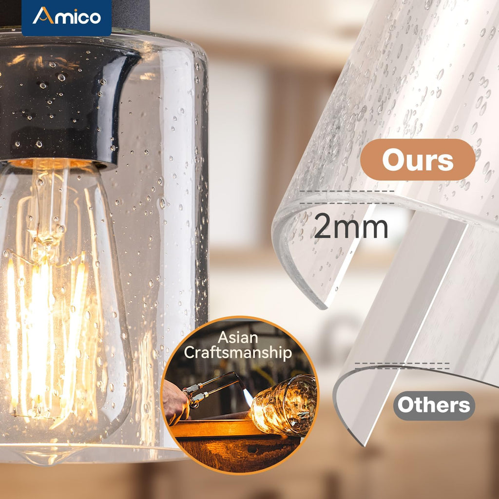 Amico 3-Light Farmhouse Vanity Light Fixture, Rustic Wood Bathroom Light Fixtures, Industrial Vintage Black Wall Sconces Lights with Bubble Glass Shade for Mirror, Bedroom, Living Room, Hallway
