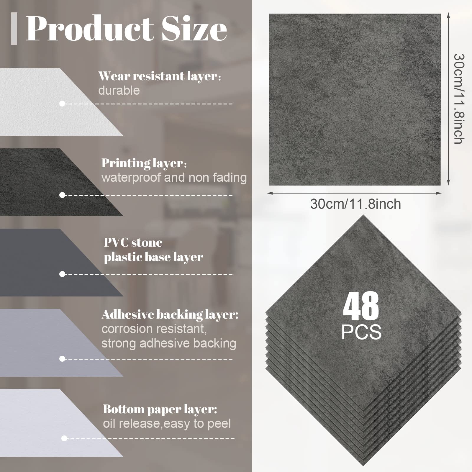 Spiareal 48 Pieces Peel and Stick Floor Tiles Vinyl Flooring 12 x 12 Inch Stick on Floor Tile Self Adhesive Waterproof DIY for Bathroom Kitchen Bedroom Living Room(Black Marble)