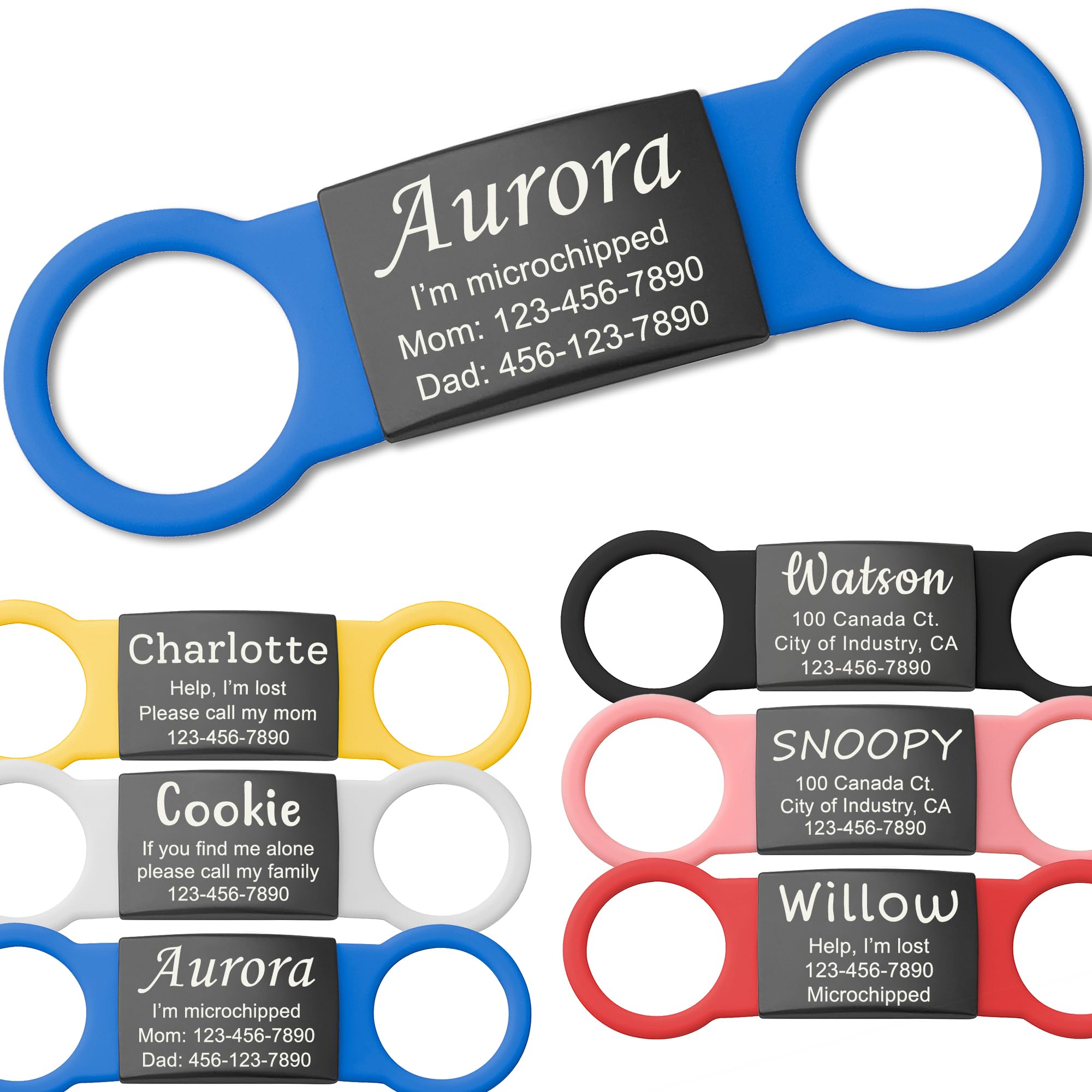Anavia Slide On Silent Pet ID Tags, S/M/L/XL Personalized Black Stainless Steel Colored Silicone Cat Dog Name Tag, Customized Engraved Nameplate, Quiet Chew-Proof Pet Collar Tag (Black, Small)
