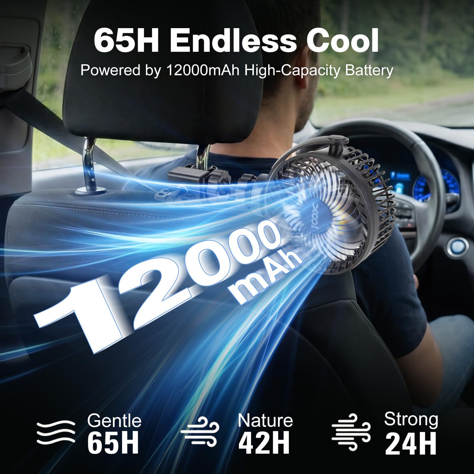 XOOL Clip Car Fan, 9 Inches 12V/24V Fan, 360° Rotatable Electric Cooling Clip on Fan with Stepless Speed Regulation for SUV, RV, Truck