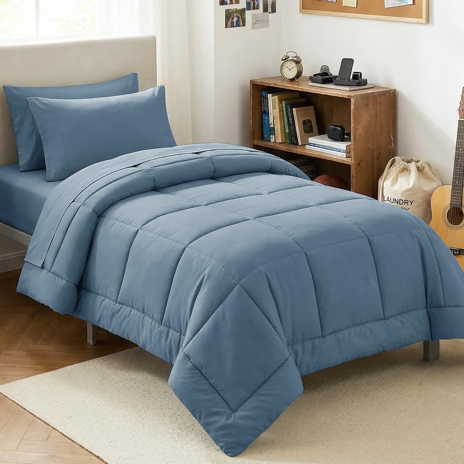 CozyLux Twin XL Comforter Set Baby Blue, 5 Pieces Twin Extra Long Bed in a Bag for College Dorm, All Season Bedding Set with Stitch Quilted Comforter, Flat Sheet, Fitted Sheet, Pillowcases