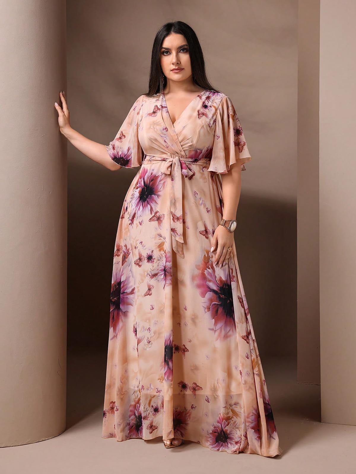 Spring Summer 2024 Plus Size Womens Dresses V Neck Casual Elegant Long Sleeve Floral Print Maxi Dress