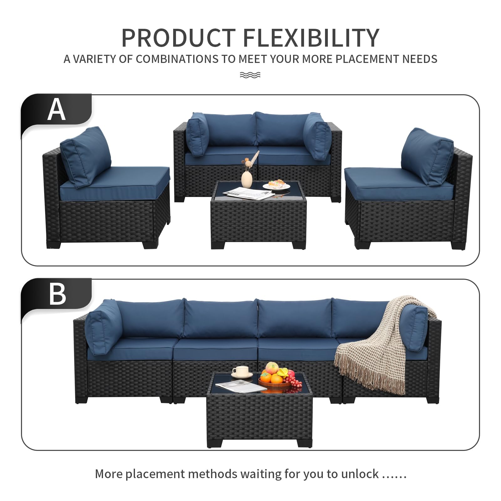 WAROOM Outdoor 5 Piece Patio Furniture Set, Black Rattan Conversation Couch Resin Wicker Sectional Sofa Outside Chair with Coffee Table, Grey Cushion