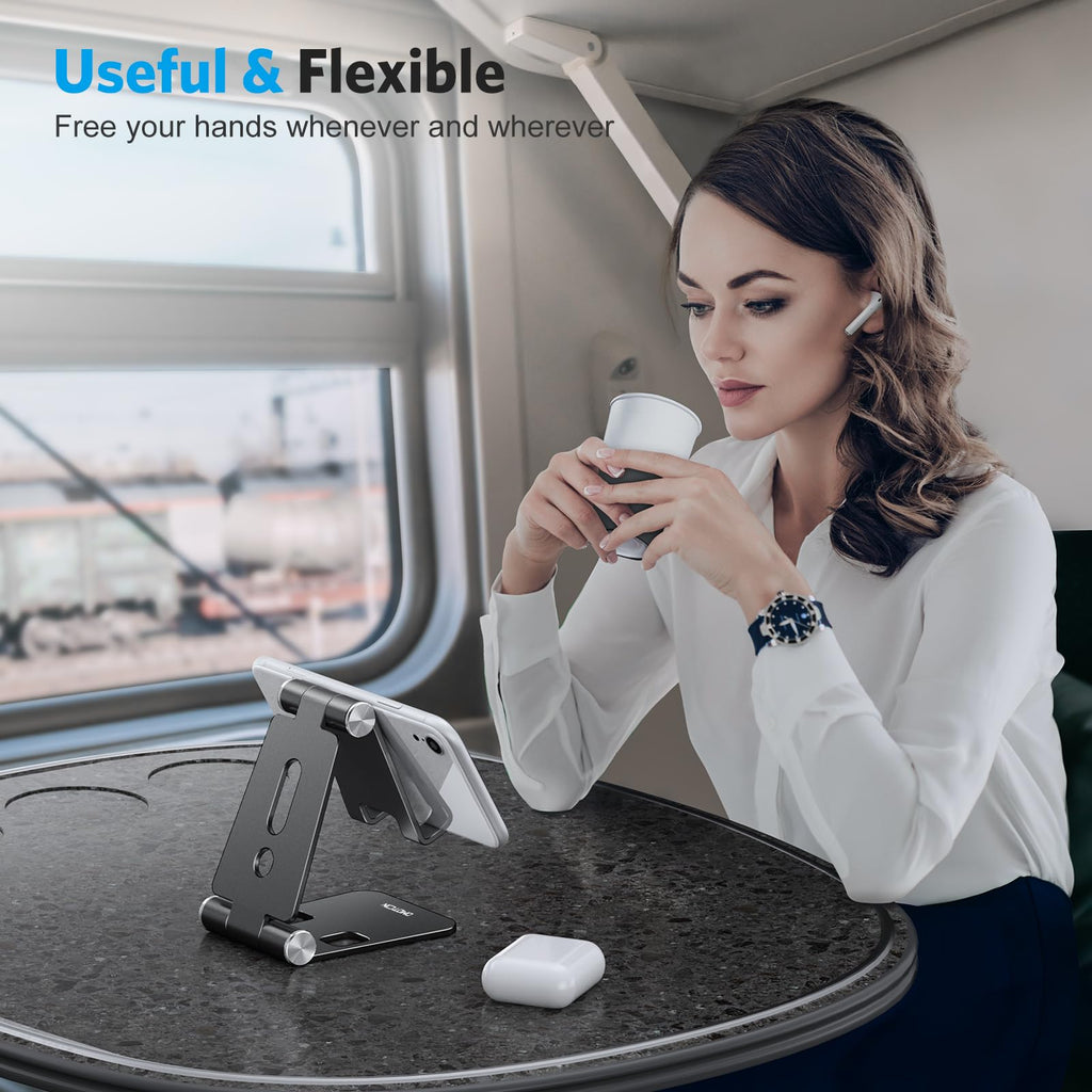 OMOTON Foldable Cell Phone Stand, C4 Portable Aluminum Phone Holder, Adjustable Phone Dock Cradle for iPhone 17/16/15 Pro Max Air, Small Tablets, All Smart Phones for Women Men Gift, Silver