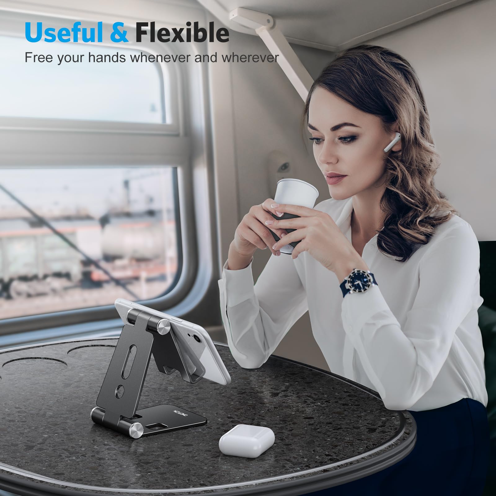 OMOTON Foldable Cell Phone Stand, C4 Portable Aluminum Phone Holder, Adjustable Phone Dock Cradle for iPhone 17/16/15 Pro Max Air, Small Tablets, All Smart Phones for Women Men Gift, Silver