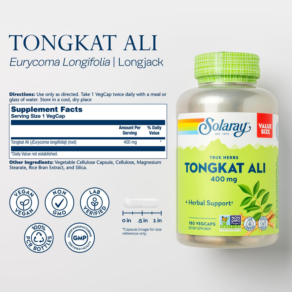 SOLARAY Tongkat Ali 400 mg - Longjack Tongkat Ali for Men - Herbal Support for Men's Health and Vitality - Vegan, Non-GMO, Lab Verified - 60 Servings, 60 VegCaps