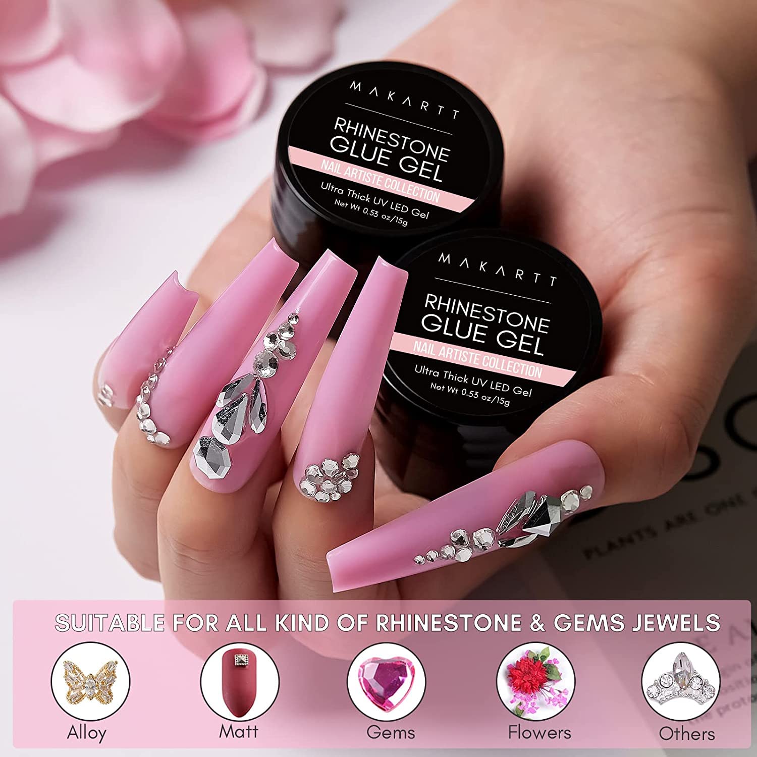 Makartt Rhinestone Glue for Nails: Super Strong Gel Nail Glue for Nail Charms Gems Decorations, 3D Gel Nail Art Bling Jewel Diamonds for Salon & DIY Manicure, 30ML UV Lamp Cured Need Beauty Gifts