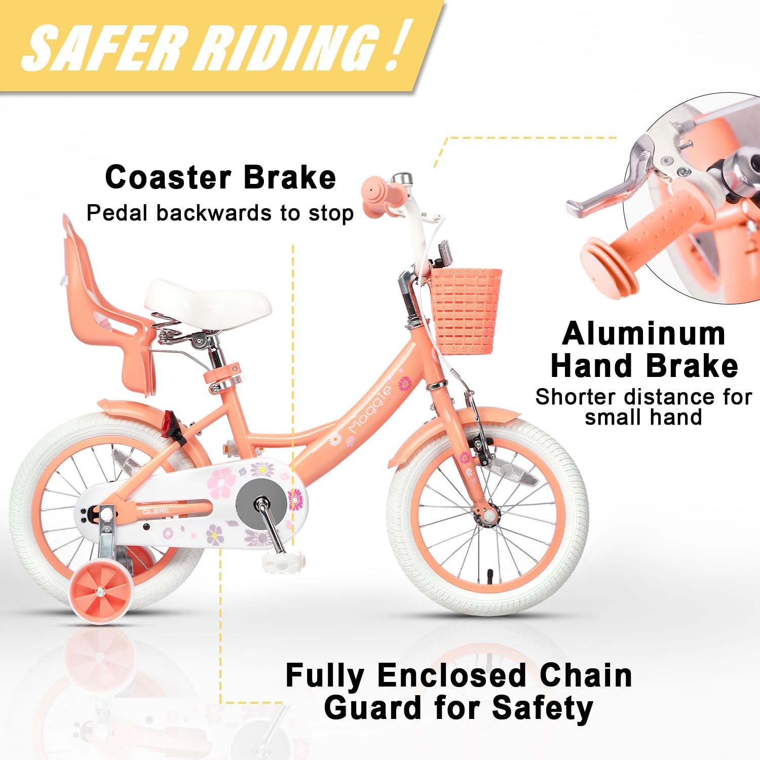 Glerc Maggie Girls Bike, 12-20 Inch Kids Bike for 2-13 Years Old Children, Princess Style Kids Bicycle with Doll-Seat & Basket & Training Wheels, Multiple Colors