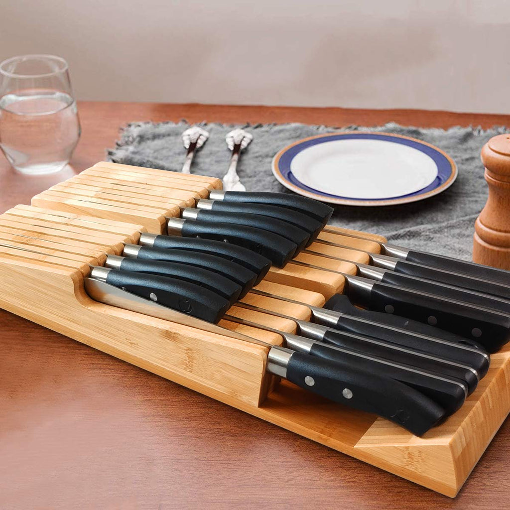 NIUXX Bamboo In-Drawer Knife Block Set for 9 Knives(Not Included), Large Kitchen Detachable Washable Cutlery Slot Organizer Storage Holder for Sharpening Steel and Cutter