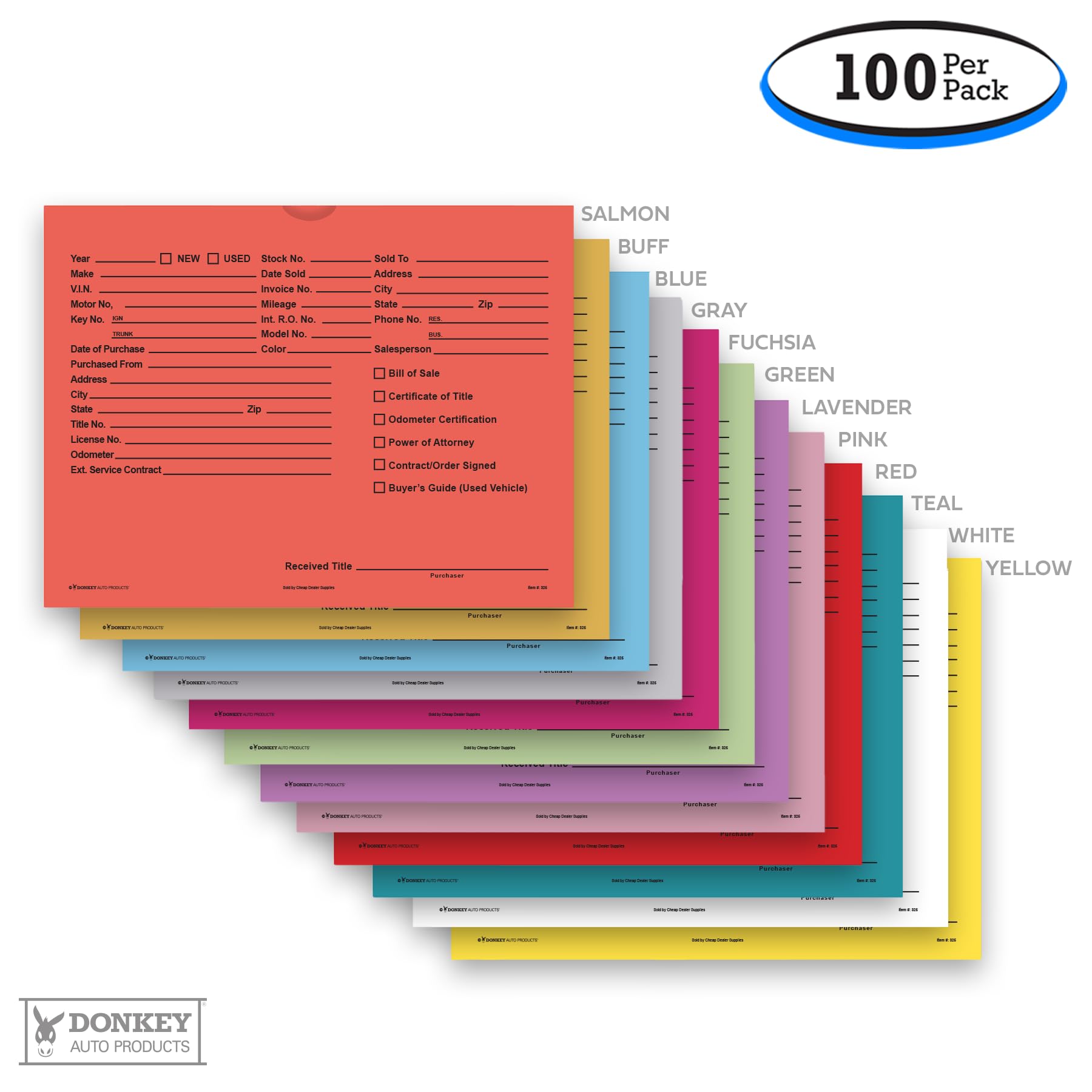 Printed Vehicle Deal Envelopes 9x12 Deal Jackets (100 shrink wrapped) (Blue)