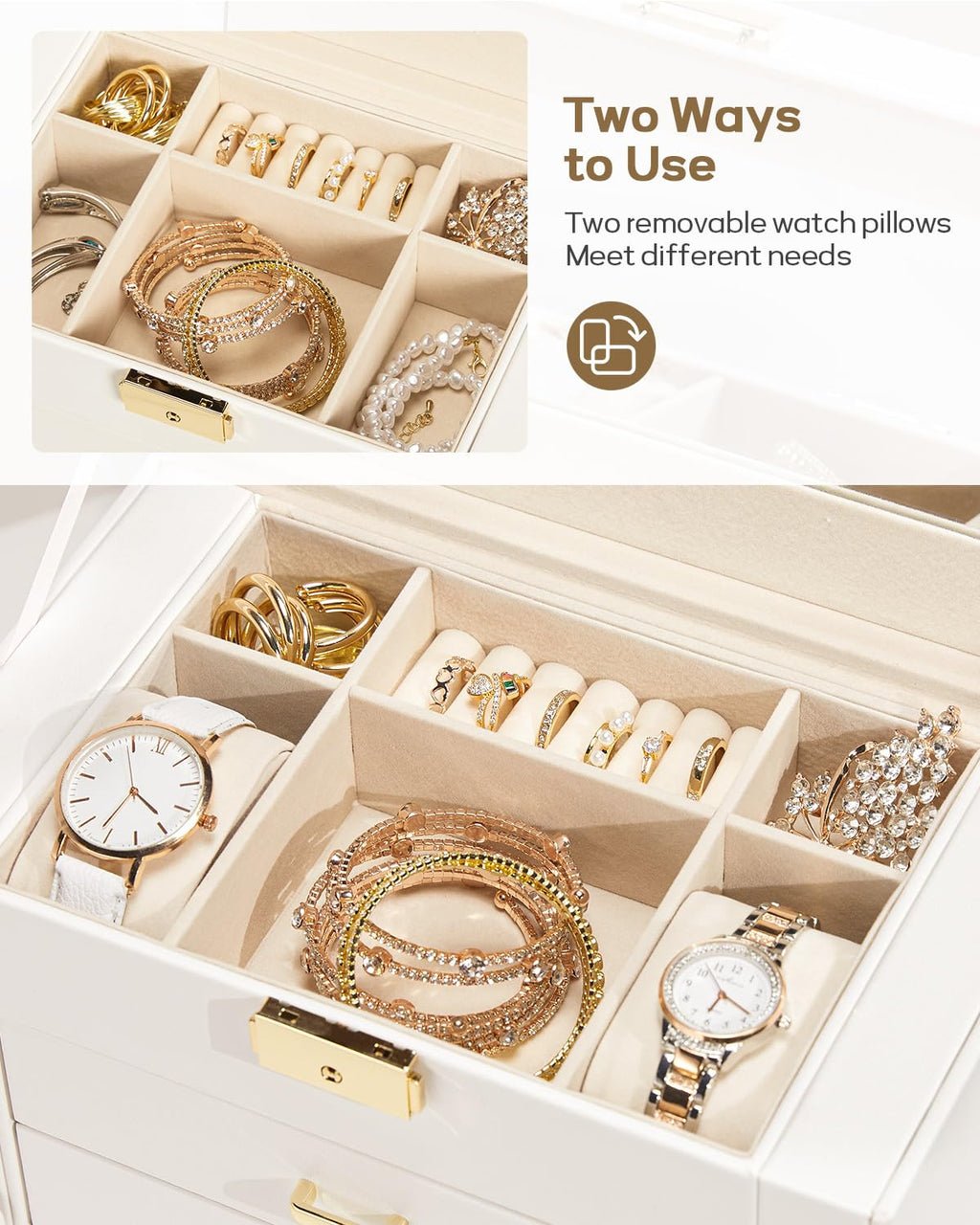 Homde Mothers Day Gifts Synthetic Leather Huge Jewelry Box Mirrored Watch Organizer Necklace Ring Earring Storage Lockable Gift Case (Black + Gold)