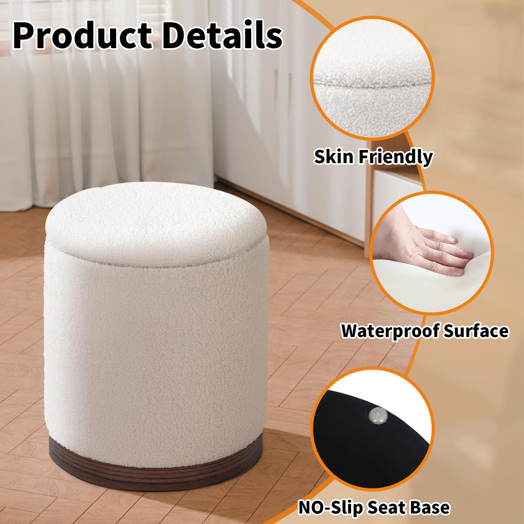 Joveco Boucle Round Ottoman with Storage,Vanity Stool with Storage for Bedroom, Ottoman Coffee Table,Small Boucle Foot Stool for Living Room, Black with Gold Plating