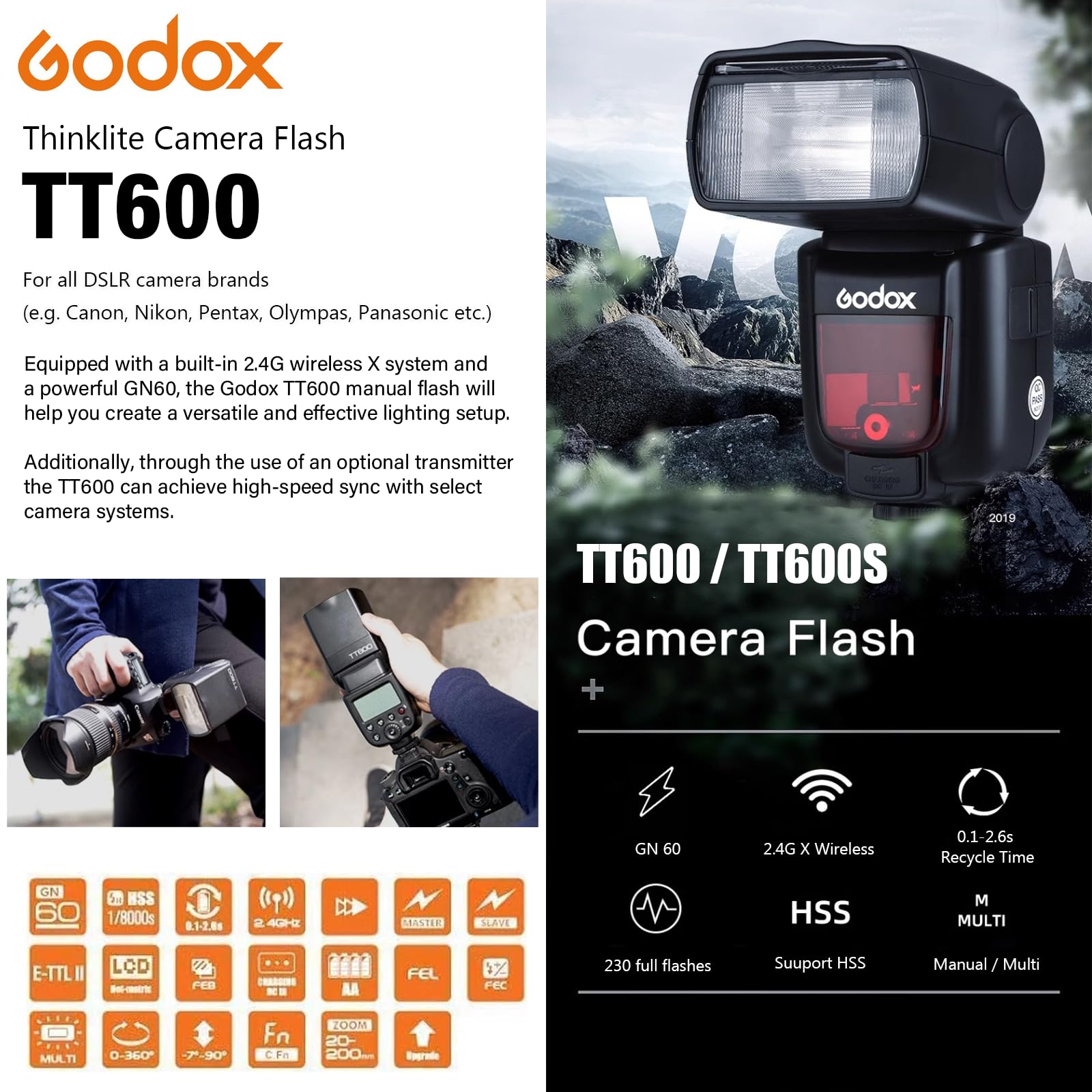 GODOX TT600S 2.4G Wireless Camera Flash Speedlite with Diffuser, Master Slave Off GN60 Manual Flash, Support HSS When paired Off Camera with Godox X Trigger System for Sony Cameras (TT600S for Sony)
